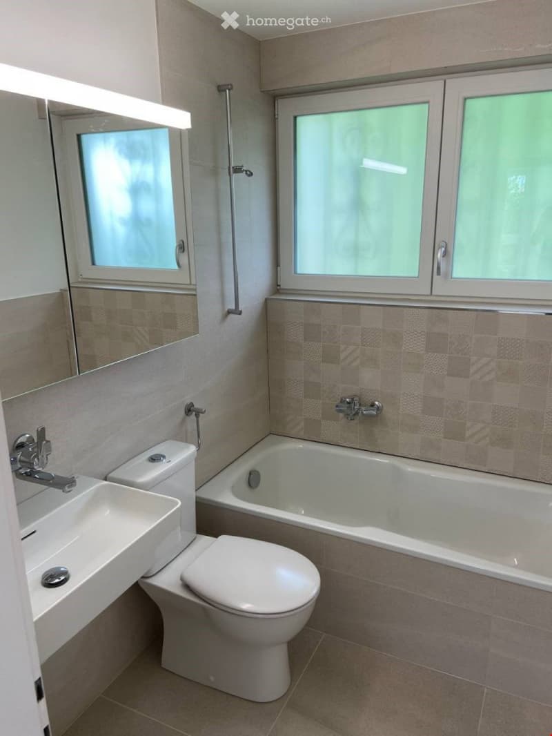 Bathroom with bathtub, toilet, sink, mirror, and windows