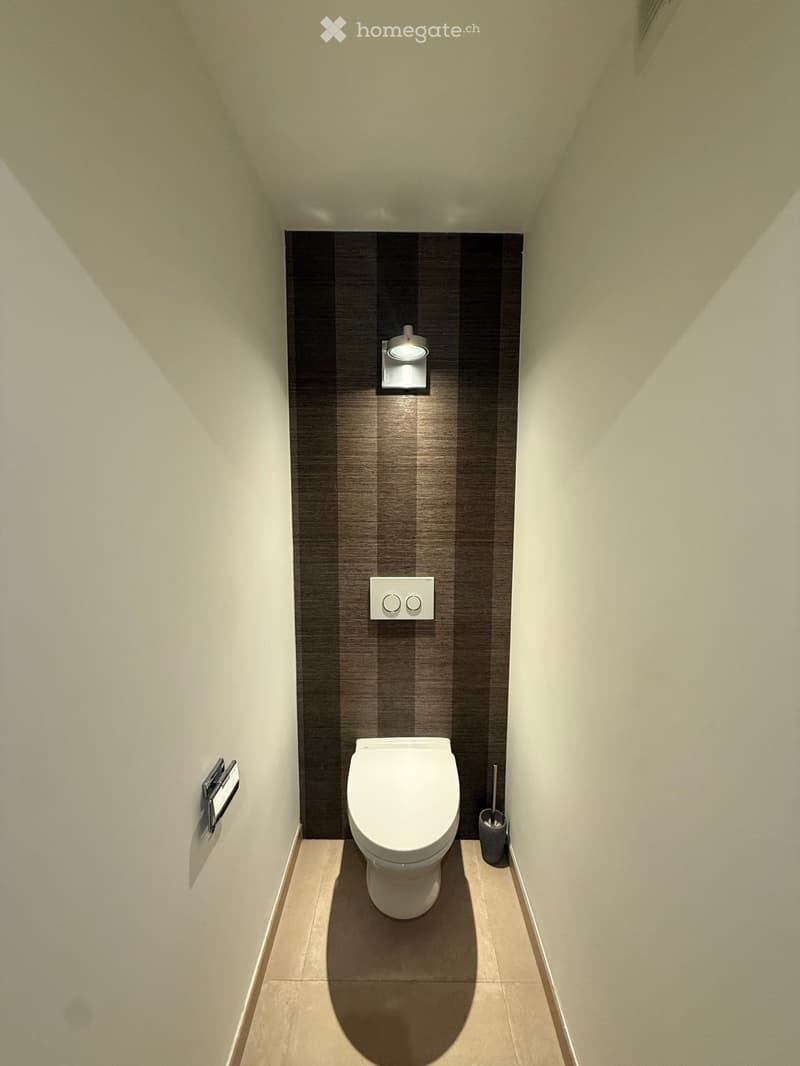 Modern bathroom with a toilet, sleek dark striped wall tiles, light switch, and a toilet brush holder.