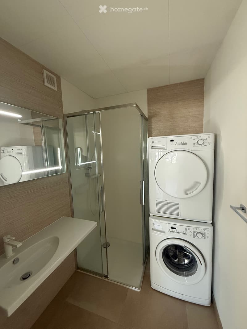 Modern bathroom with a sink, bathtub, glass shower enclosure, and stacked washing machine and dryer.