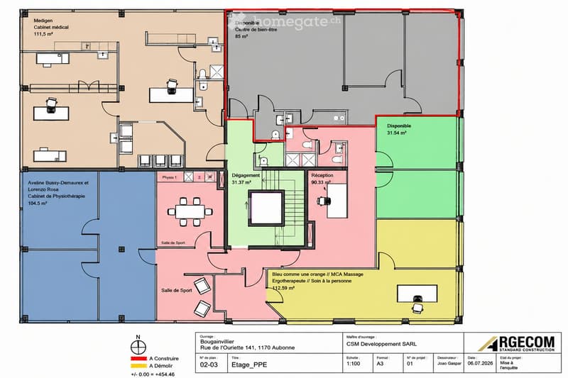 Floor plan of a medical and wellness center with multiple rooms including a medical office, physiotherapy room, reception area, massage room, and sports rooms.