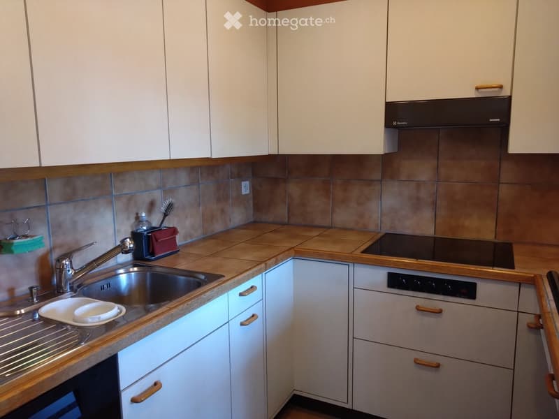Modern kitchen with white cabinets, wooden countertops, stainless steel sink, and built-in appliances including an oven and stove. A dish rack and various small items are visible on the counter.
