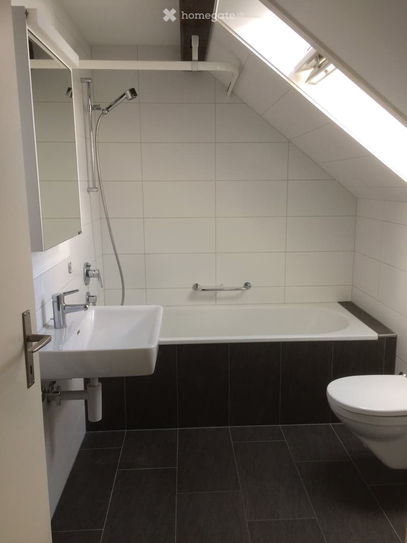 Modern bathroom with white tiles, dark floor tiles, a sink, bathtub, toilet, and a handheld showerhead.