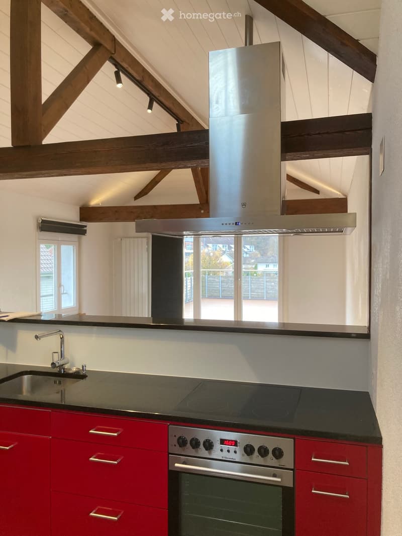 Modern kitchen with red cabinets, black countertop, stainless steel appliances, and exposed wooden beams on the ceiling.