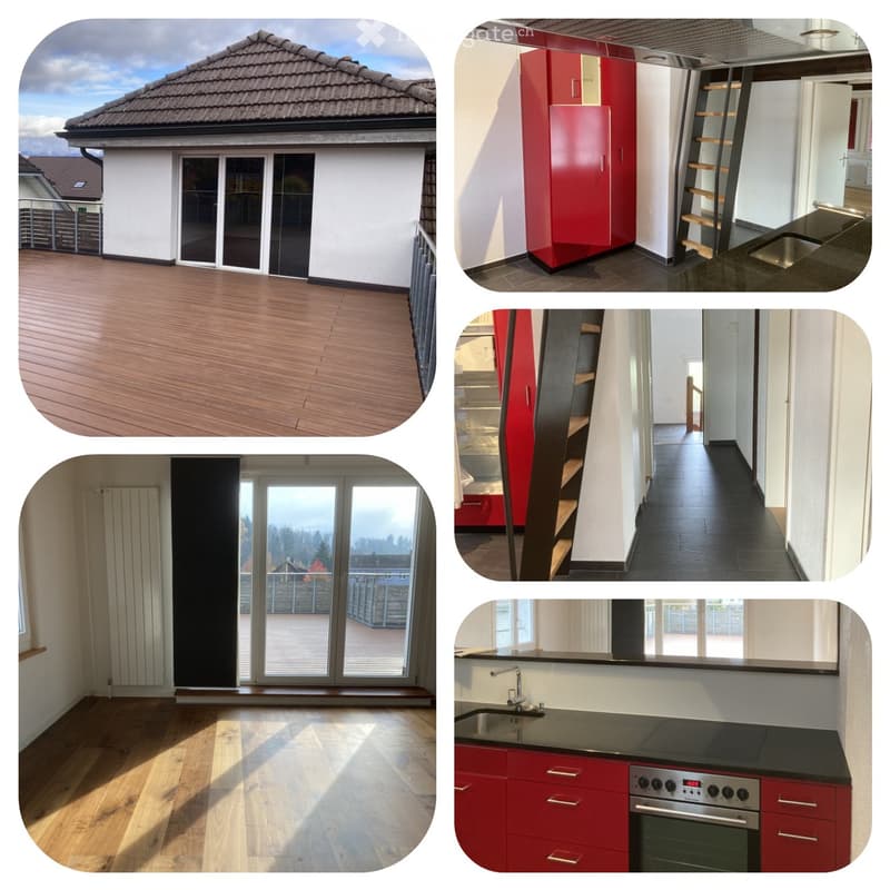 Modern house exterior with a tiled roof, white walls, and large sliding glass doors leading to a wooden deck. Interior shots show a kitchen with red cabinets, a staircase, and a living area with wooden flooring and large windows.