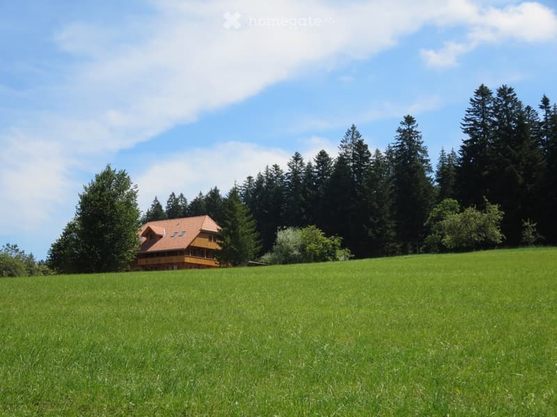 A two-story wooden house with a red-tiled roof, situated on a grassy hill surrounded by tall trees.