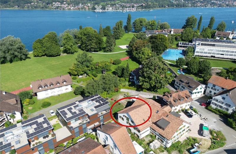 Aerial view of a residential area near a lake, featuring multiple houses with brown roofs, green lawns, trees, and a swimming pool in the background.