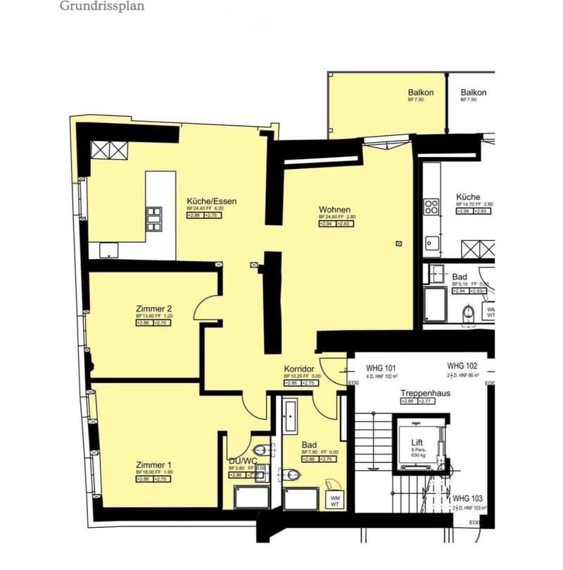 Floor plan showing a 2-bedroom apartment with kitchen, living area, two bathrooms, balconies, and a staircase.