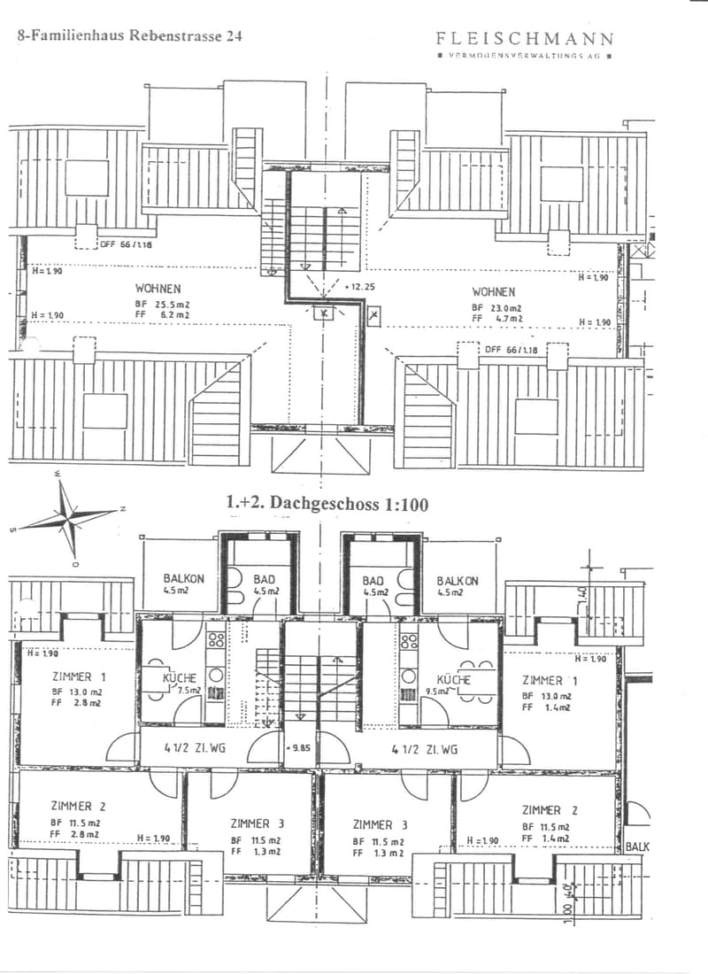 Floor plan of an 8-family house showing multiple apartments with labeled rooms including living areas, kitchens, bathrooms, bedrooms, and balconies.