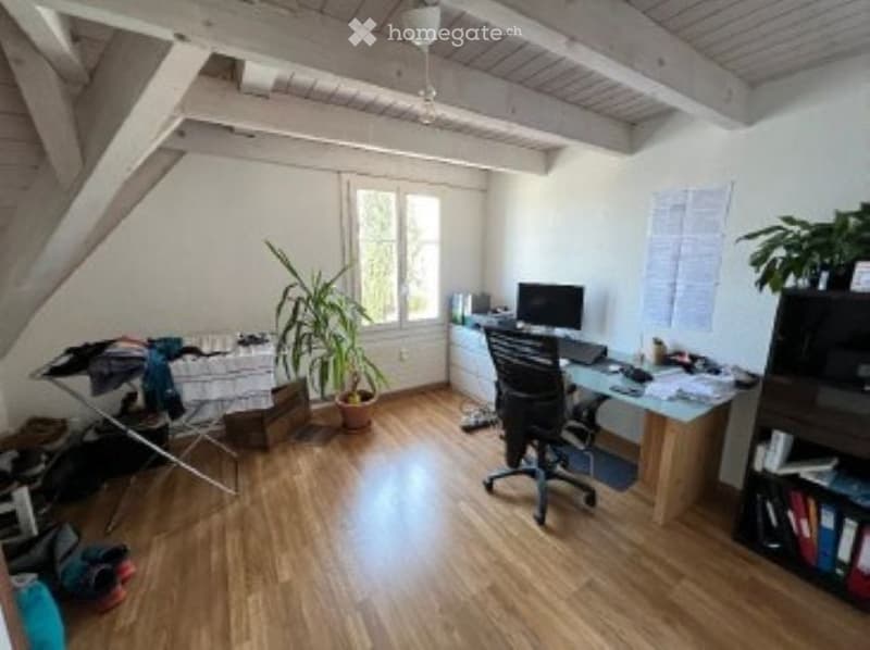 Bright, slanted-ceiling room with wooden flooring, a desk setup, a chair, a computer, a potted plant, and a bookshelf. An ironing board is visible near the window.