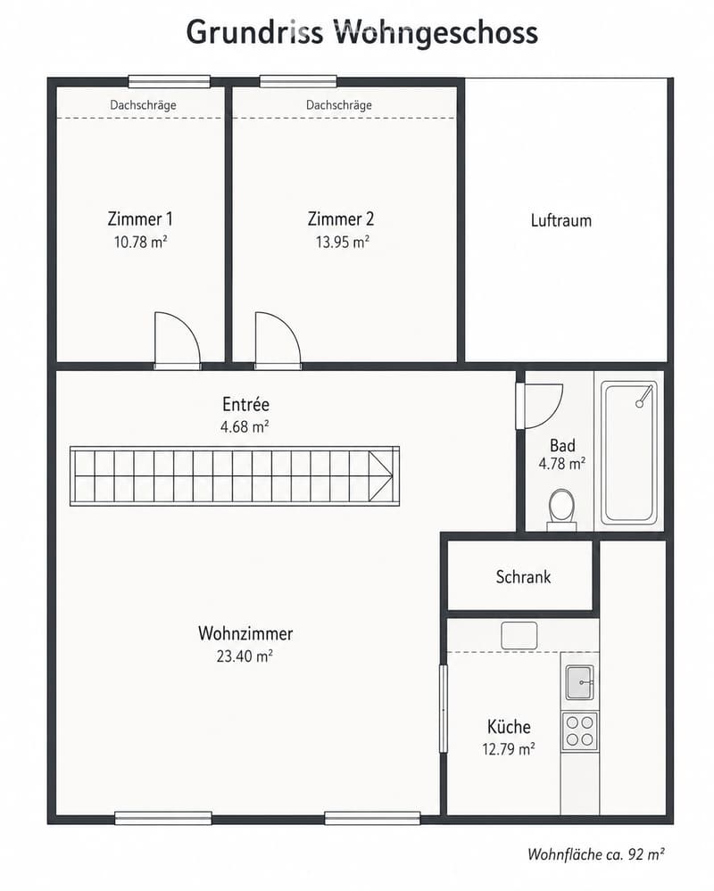 Floor plan of a residential floor showing two bedrooms, a living room, a kitchen, a bathroom, an entrance, and a closet.