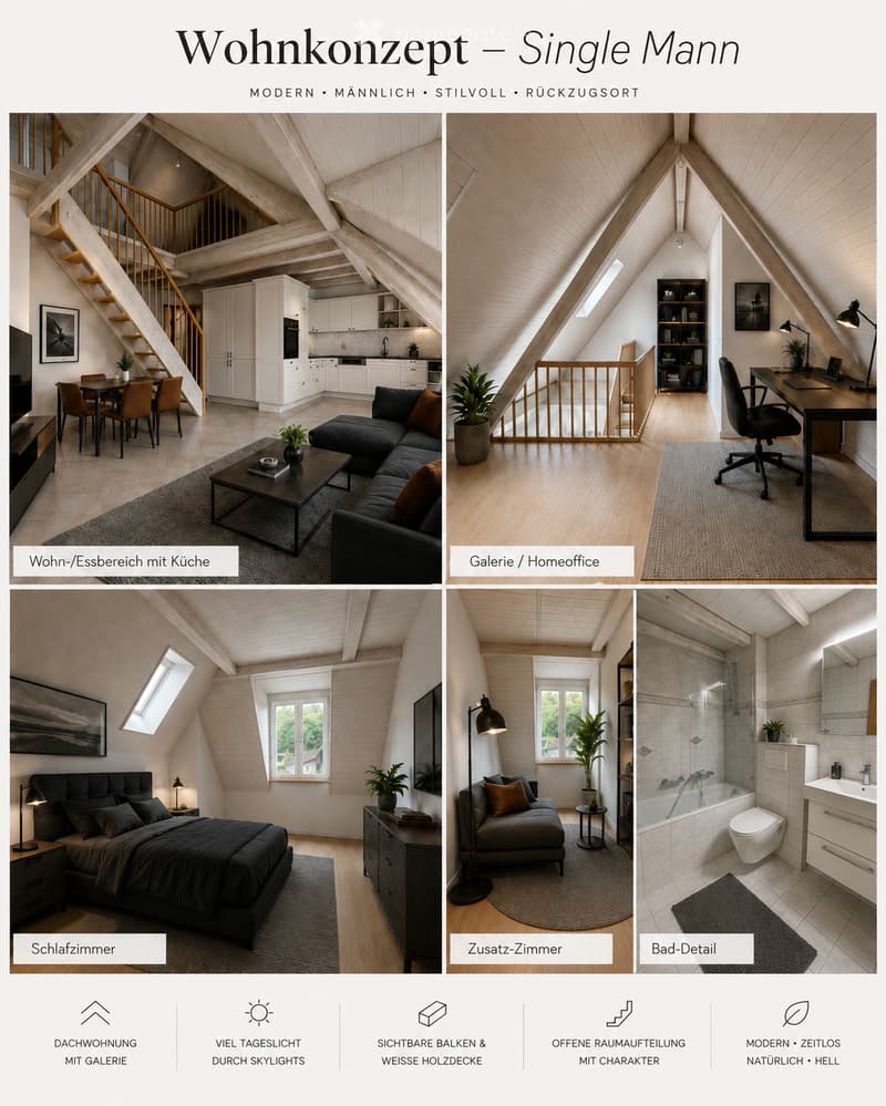 Modern attic apartment with exposed wooden beams, skylights, and a gallery level. Includes a living/dining area with a sofa, coffee table, and dining table, a kitchen with white cabinets, a bedroom with a large bed, a home office with a desk and chair, an