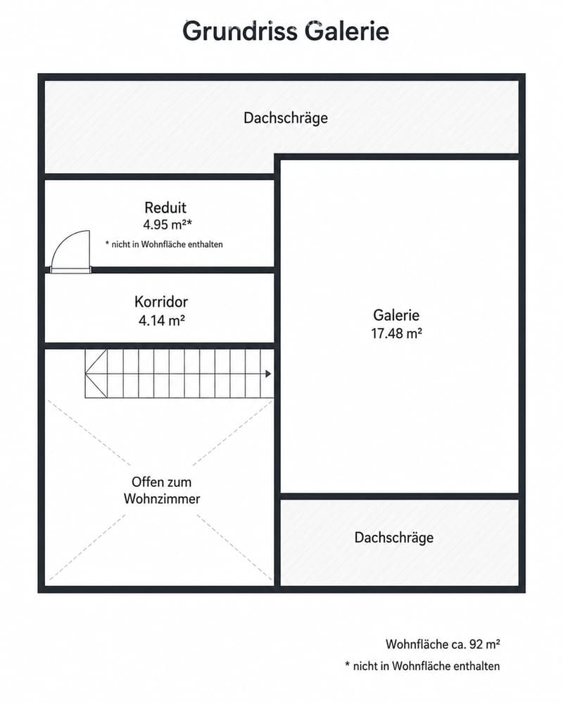 Floor plan of a gallery level showing a corridor, gallery space, and attic areas. Includes labeled areas such as 'Reduit', 'Korridor', 'Galerie', and 'Dachschräge'.
