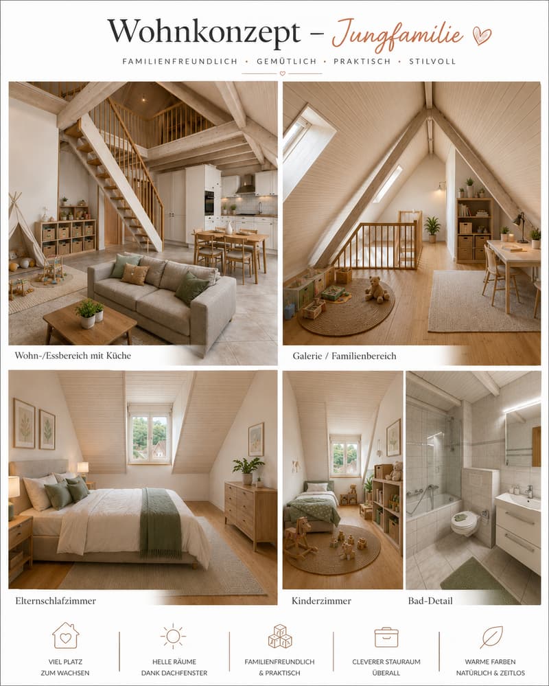 Four images showcasing a family-friendly, cozy, and practical home design. The top left shows a living/dining area with a kitchen, staircase, and modern furniture. The top right displays a gallery/family area with wooden beams, a playpen, and a round rug.