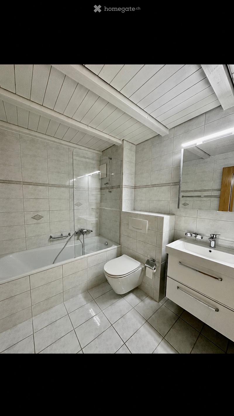 Modern bathroom with a bathtub, toilet, sink, and shower stall. The space features tiled walls and floor, a large mirror above the sink, and sleek fixtures.