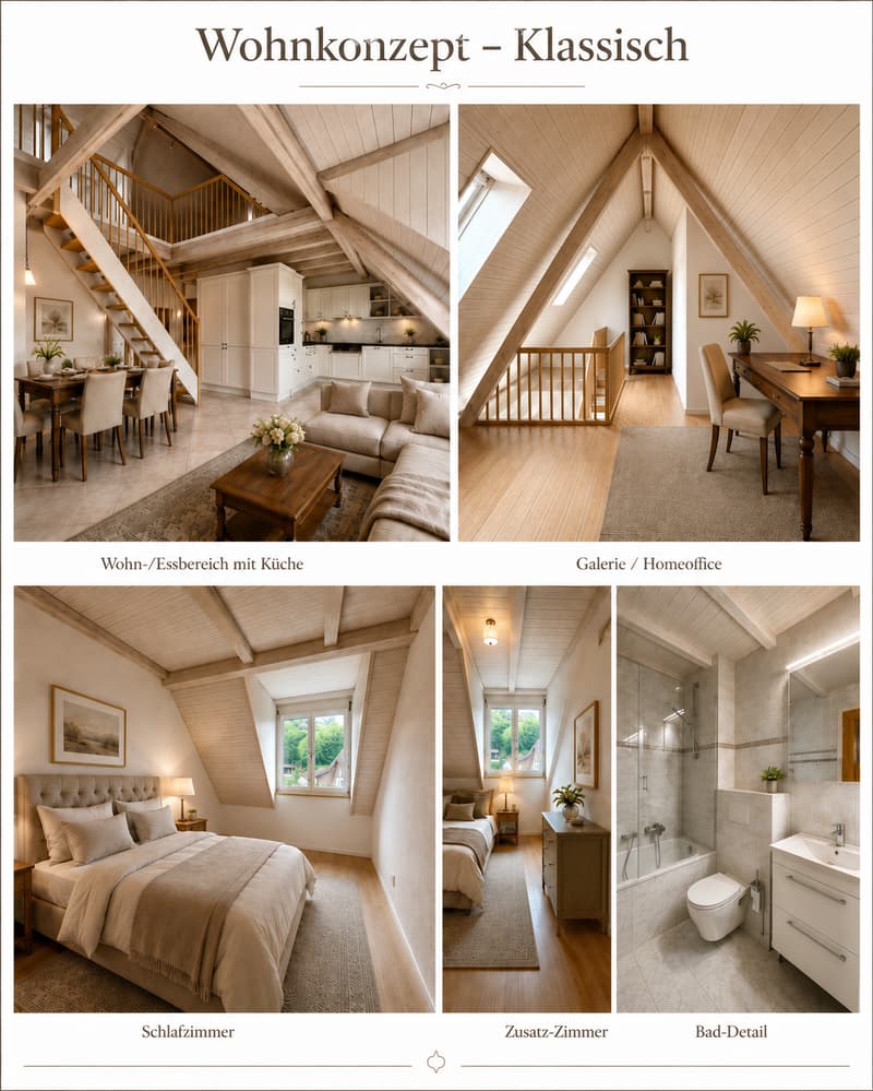 A collage of interior spaces showcasing a classic living/dining area with a kitchen, a gallery/home office, a bedroom, an additional room, and a bathroom detail. The spaces feature wooden beams, modern furnishings, and ample natural light.