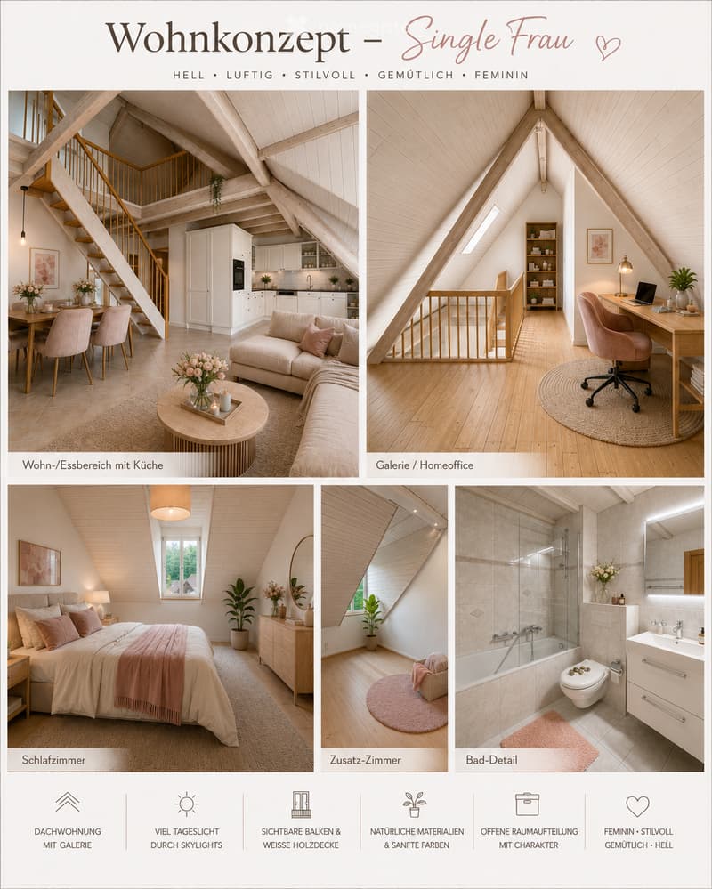 Collage of a modern attic apartment featuring a living/dining area with kitchen, gallery/home office, bedroom, additional room, and bathroom. Spaces include wooden beams, skylights, white cabinetry, and cozy furnishings.