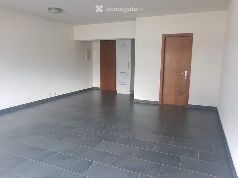 Empty room, tiled floor, two closed doors, a white cabinet