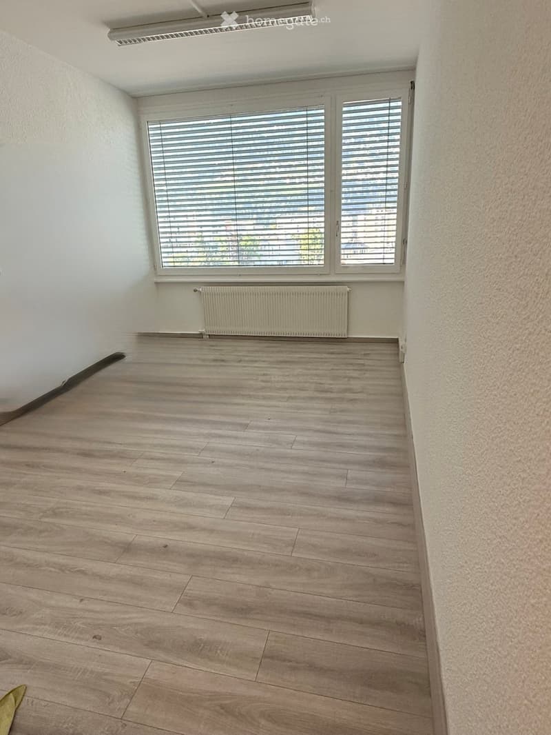 Empty room with light wooden flooring, white walls, large window with blinds, radiator below window, and a long light fixture on the ceiling.