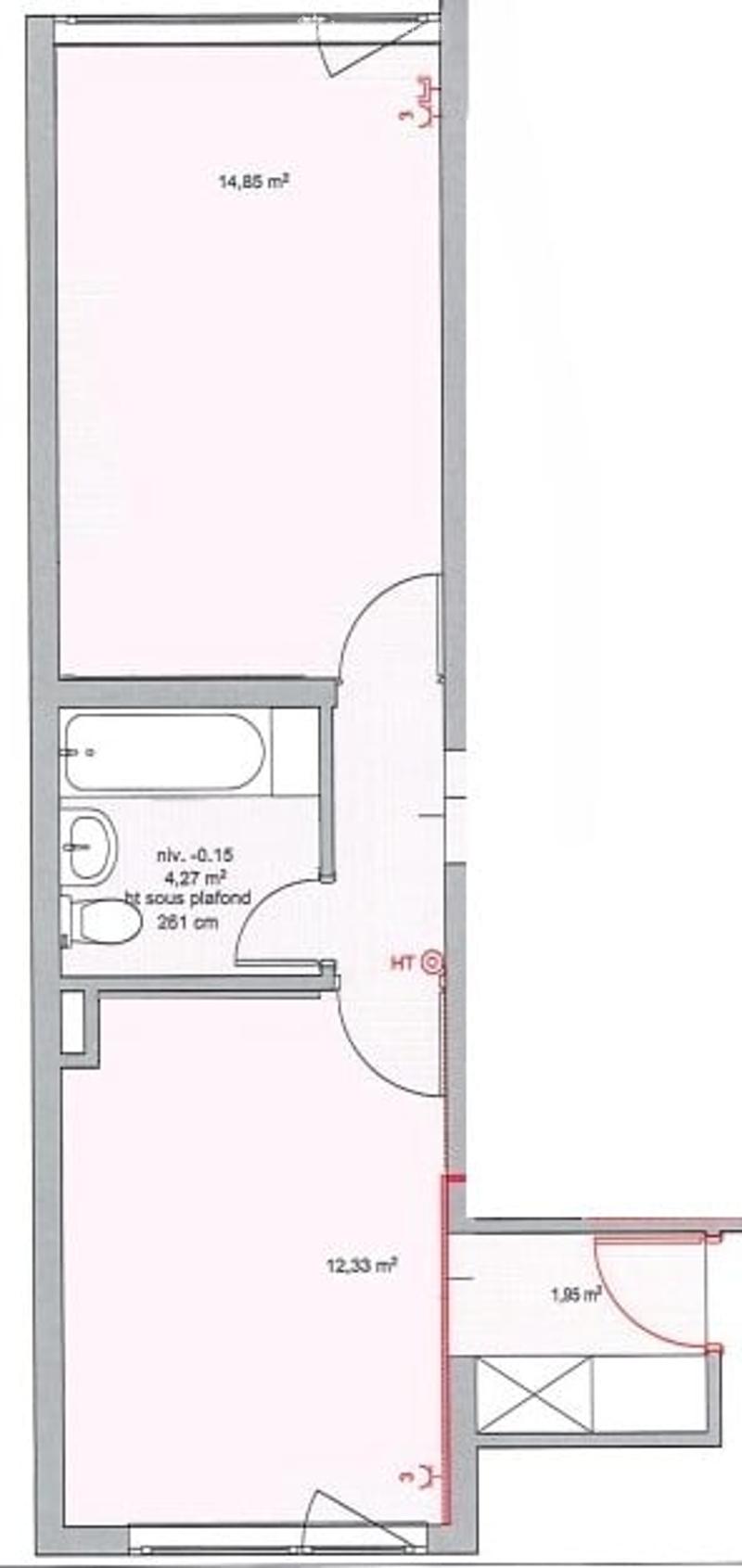 Floor plan of a small apartment with a living area, a bedroom, and a bathroom. The living area is 14.85 m², the bedroom is 12.33 m², and the bathroom is 1.85 m². The layout includes a small hallway and a closet.