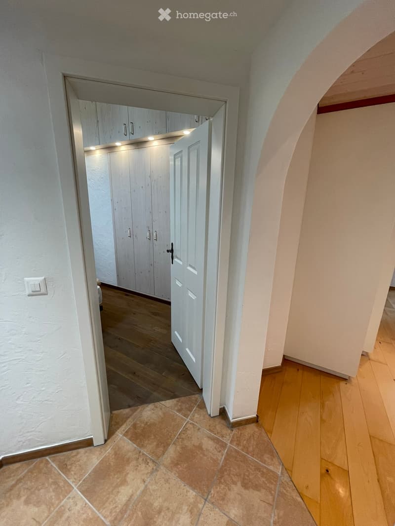 A well-lit hallway with tiled and wooden flooring, white walls, and a partially open door leading to a closet area with white cabinetry and built-in storage.