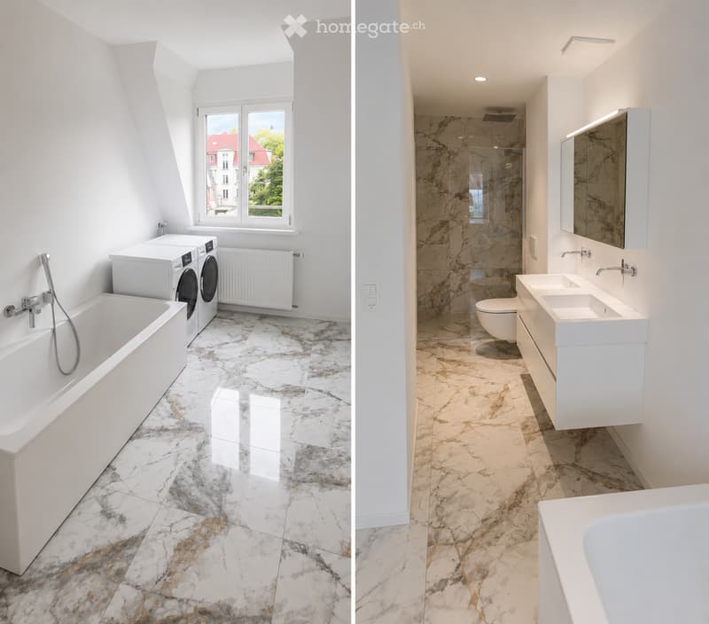 Two bathrooms with marble flooring, one featuring a bathtub and washing machine, the other with a sink, toilet, and mirror.