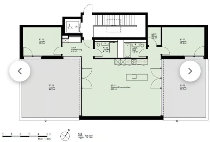 Floor plan of a residential unit featuring a living/dining area, kitchen, three bedrooms, and a bathroom. Includes a loggia and a separate entrance area.
