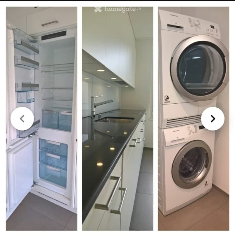 Three images showing a modern kitchen with white cabinets, a black countertop, a stainless steel sink, and a refrigerator, along with a private washing machine and dishwasher.