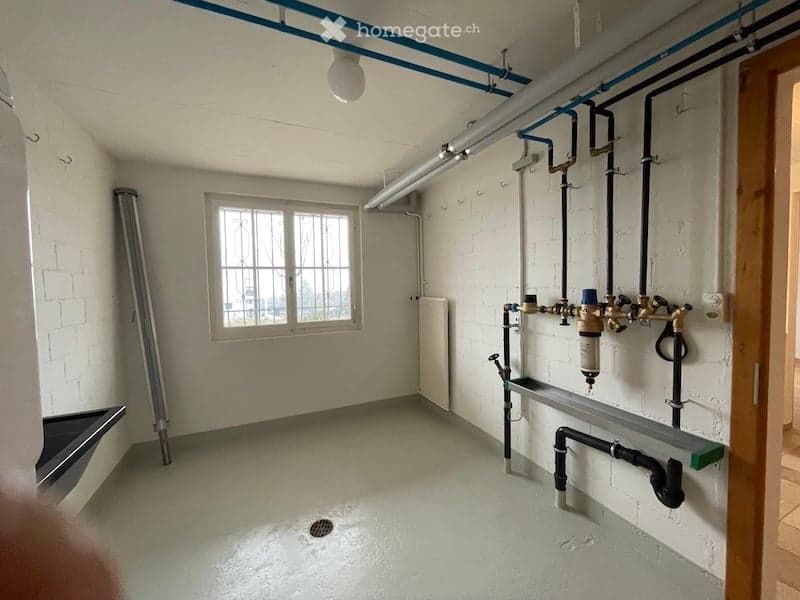 Empty utility room with white brick walls, concrete floor, window, exposed pipes, and a drain in the center.
