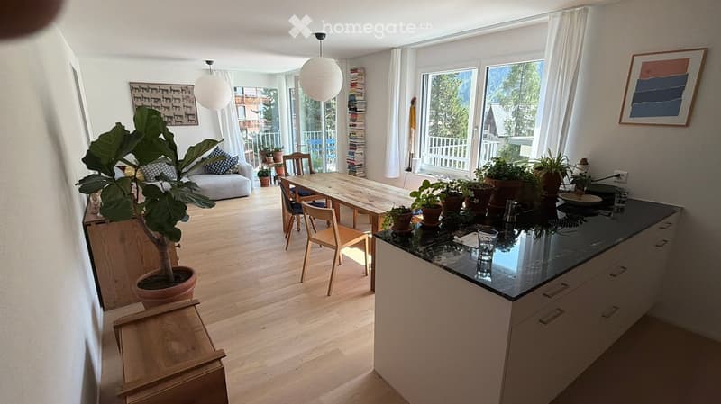 Open-plan living and dining area with a kitchen counter, sofa, dining table, chairs, and potted plants. Large windows and a balcony are visible.