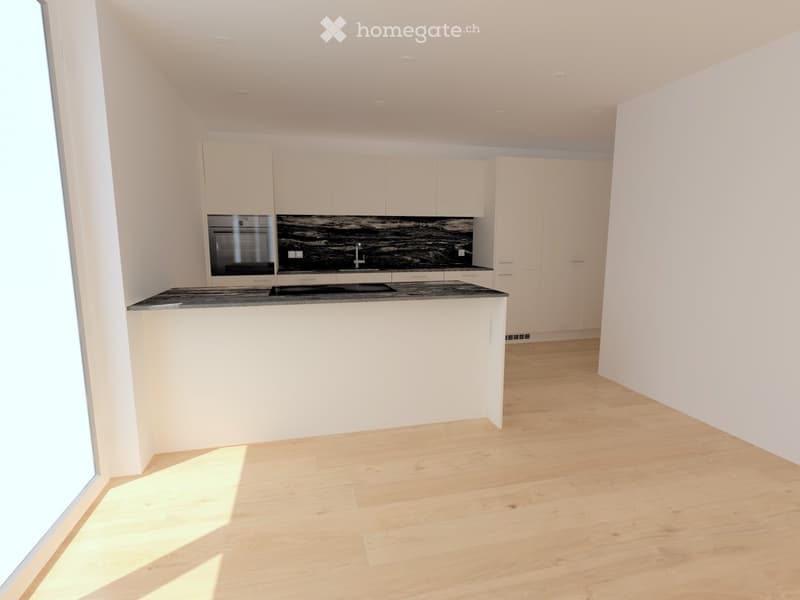 Modern kitchen with white cabinets, a central island, and a black marble backsplash. The floor is light wood, and the space is well-lit with natural light from a large window on the left.