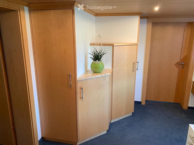 A narrow hallway with light wooden walls and doors, featuring a small shelf with a green vase and plant.