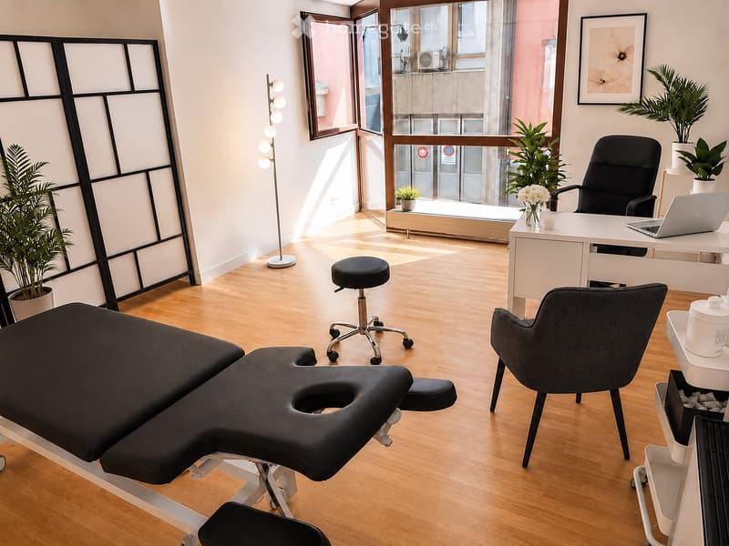 Modern, well-lit room with a therapist table, desk, laptop, chairs, and plants. Features large windows with a view and a balcony.