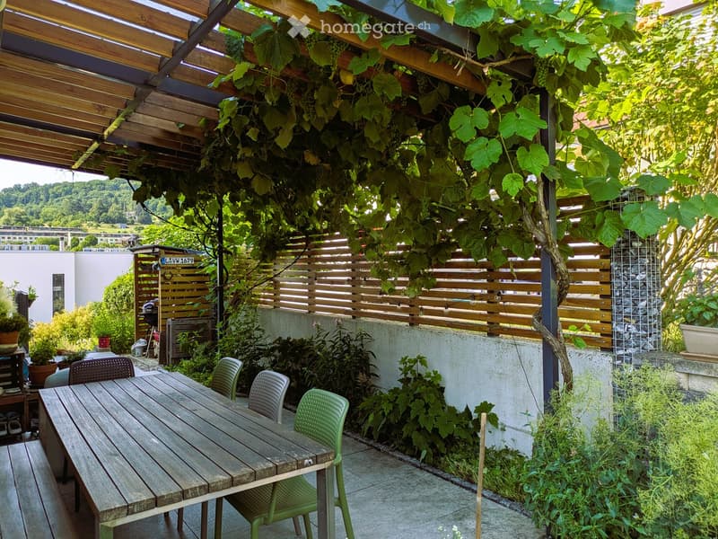 A well-maintained outdoor patio with a wooden table, green chairs, and lush greenery, including climbing vines and potted plants.