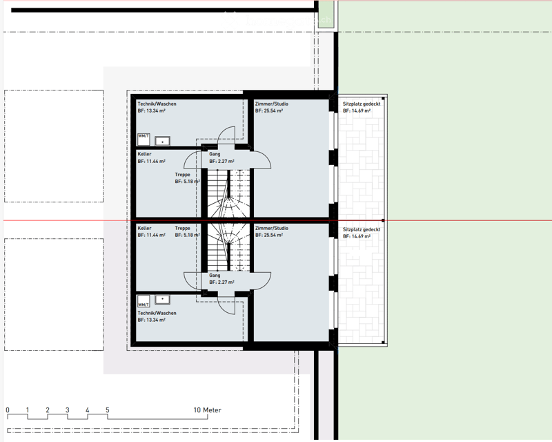 Basement floor plan, Technik/Waschen (Technical/Laundry), Keller (Cellar), Treppen (Stairs), Zimmer/Studio (Room/Studio), Gang (Hallway), Sitzplatz bedeckt (Covered seating area)