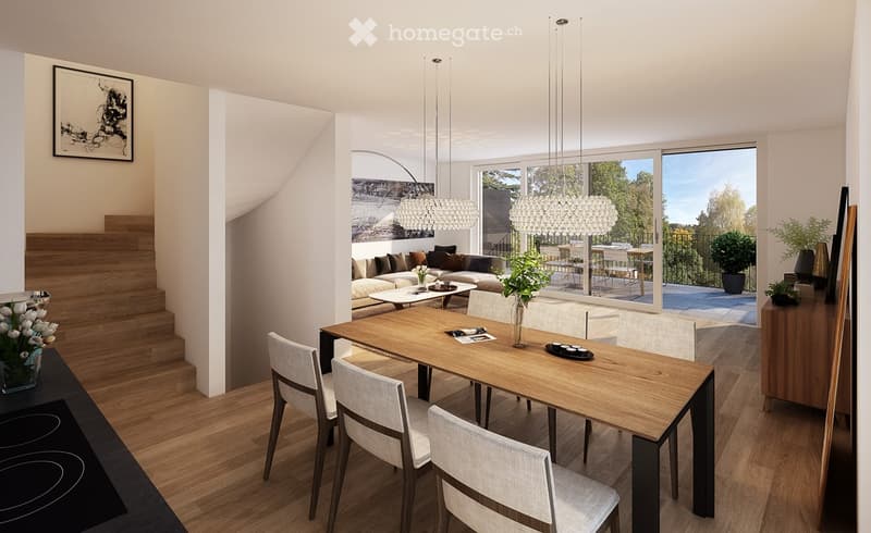 dining room, living room, balcony, wooden flooring, modern design, large windows