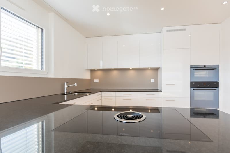 Modern kitchen with white cabinets, dark countertops, built-in induction cooktop, and stainless steel oven.