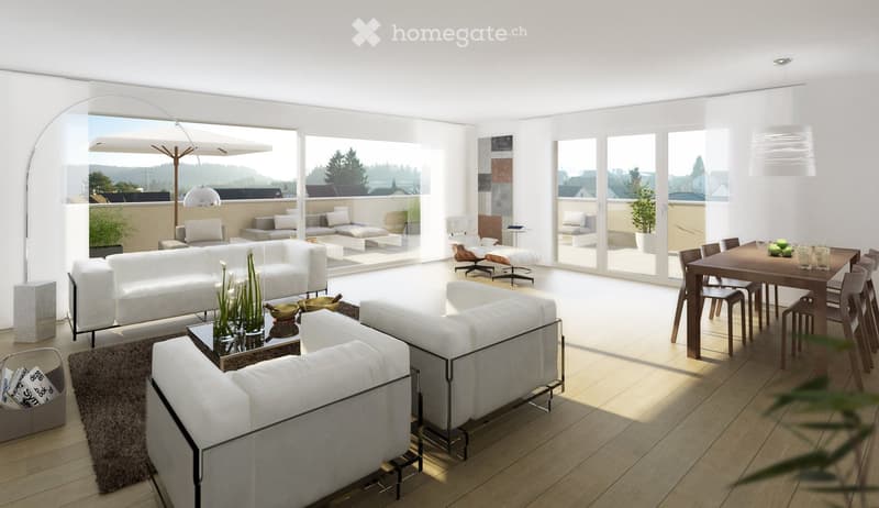 Modern living and dining area with white sofas, a coffee table, a dining table with chairs, and large windows overlooking a balcony with outdoor seating.