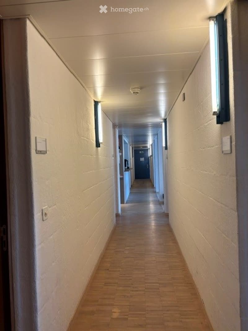 Clean, well-lit hallway with wooden flooring and white walls, featuring integrated lighting and a door at the end.