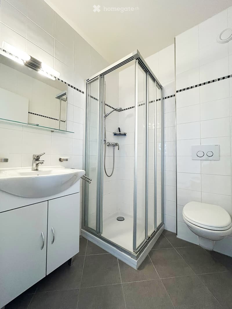 Modern bathroom with white tiles, a glass-enclosed shower, a sink with a mirror, and a toilet.