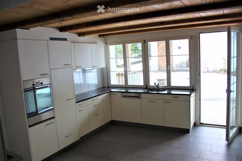 Modern kitchen with white cabinets, stainless steel appliances, and large windows overlooking the outdoor area.