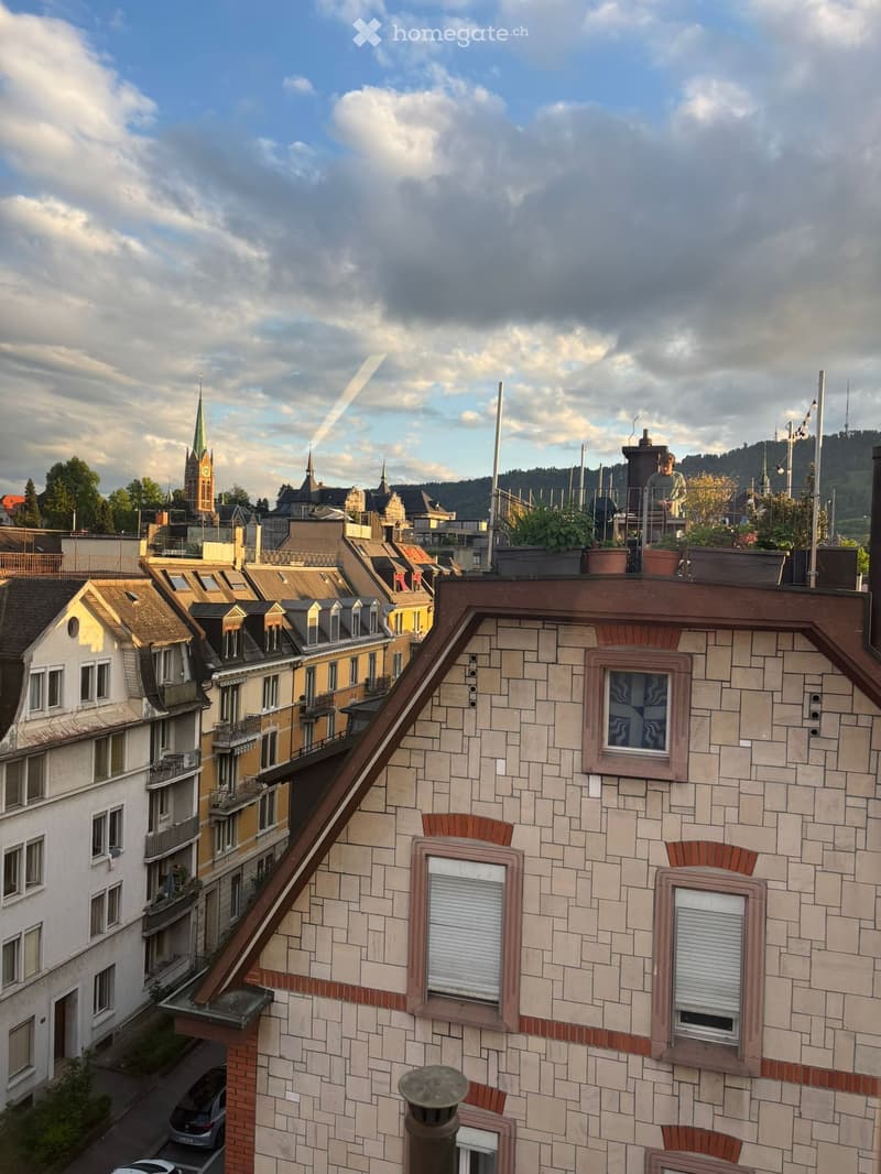 Roof view of a cityscape with multiple buildings, tiled roofs, and a distant church spire.