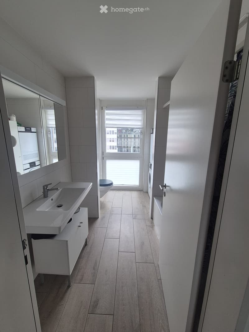 Modern bathroom with a white sink, faucet, mirror, and cabinet. The floor is light wood, and a toilet is visible in the background. A large window provides natural light.