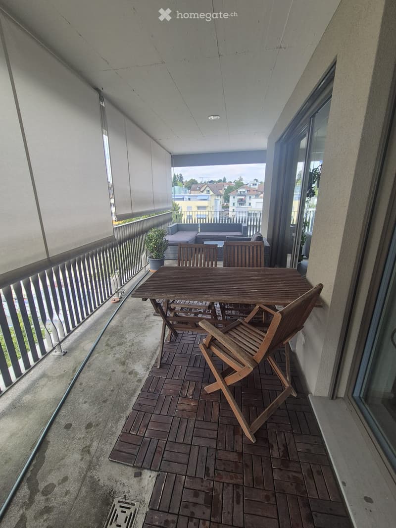 Balcony with wooden table, chairs, sofa, and potted plant, overlooking a residential area.