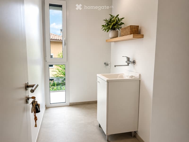 Modern bathroom with a white sink, faucet, and cabinet. A small shelf holds a potted plant and a woven basket. A sliding glass door with keys visible leads to an outdoor area.