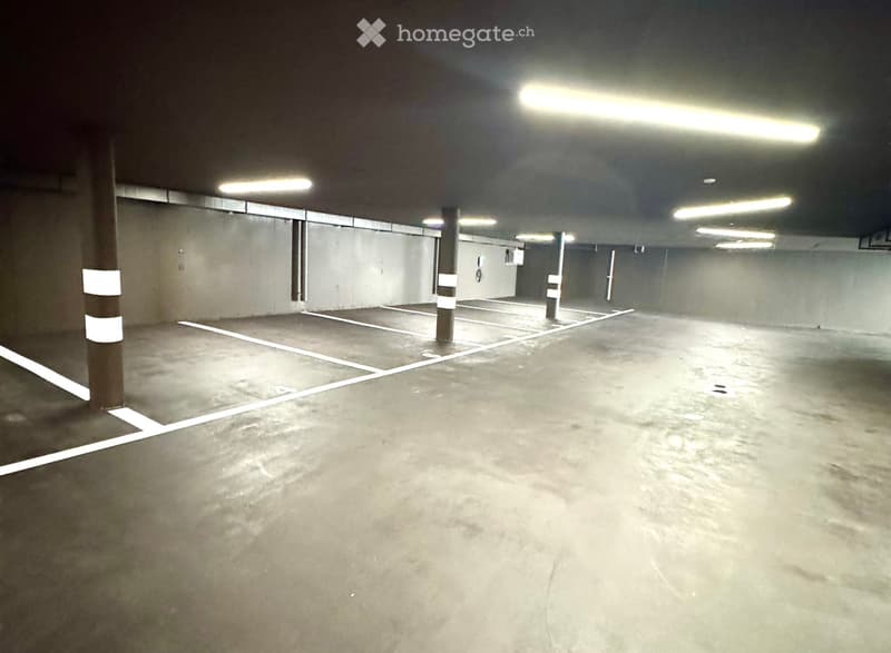 Building. Empty underground parking lot with marked parking spaces, concrete pillars, and fluorescent lighting.