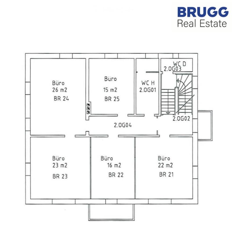Floor plan of a commercial space with six office rooms and two bathrooms.