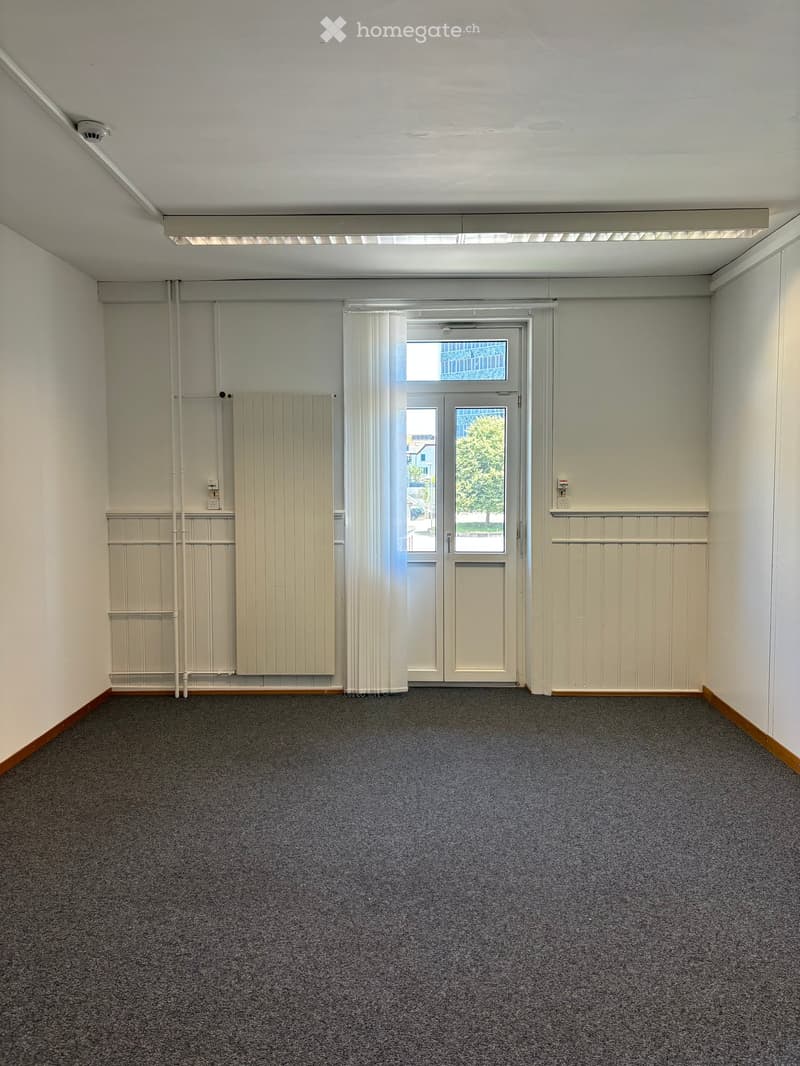 Empty room with grey carpet, white walls, a door with a window, and radiators on either side.