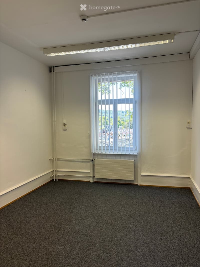 Empty room with grey carpet, white walls, a window with blinds, and a radiator below it.