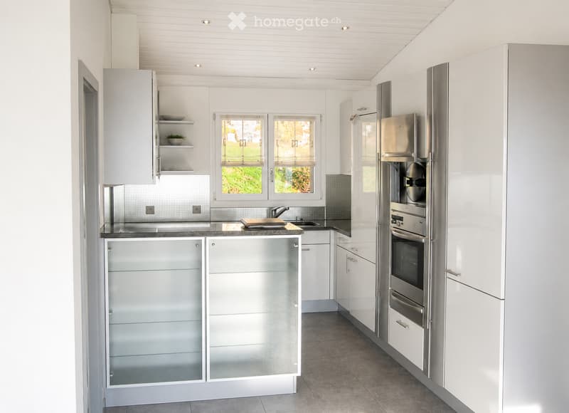 Modern kitchen with white cabinets, stainless steel appliances, and a large window overlooking greenery.