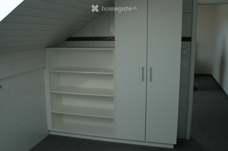 Empty room with white built-in closet and shelving unit, featuring a slanted ceiling and tiled walls.